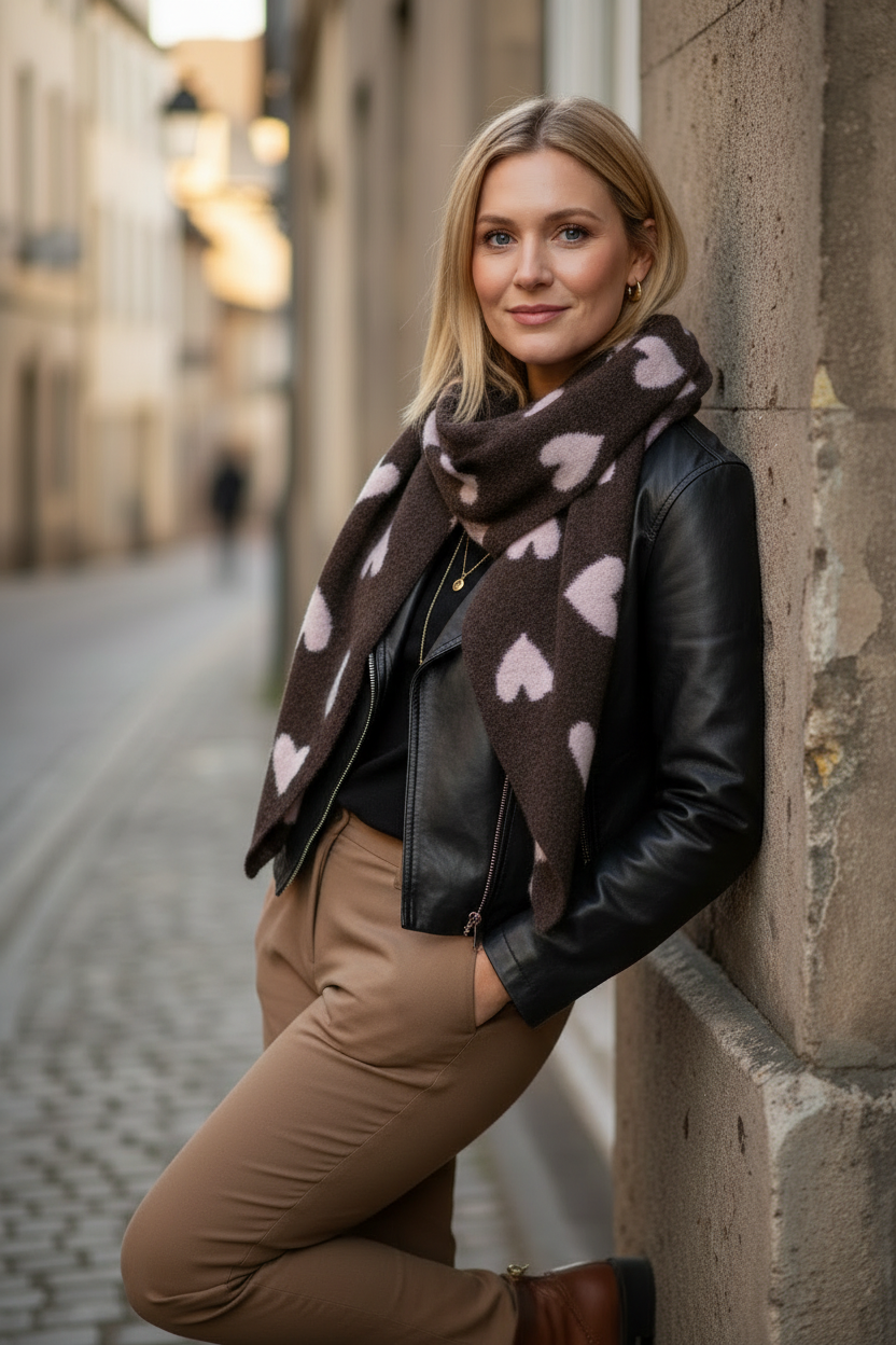 Modell 2 – Toppy Heart Scarf med skinnjacka