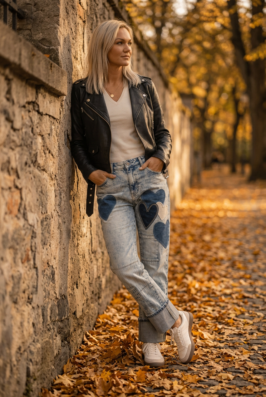 Modell i ljusa hjärtjeans, lutad mot stenmur med vita sneakers
