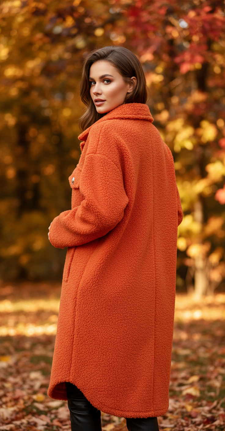 Modell i orange teddyjacka - bakifrån