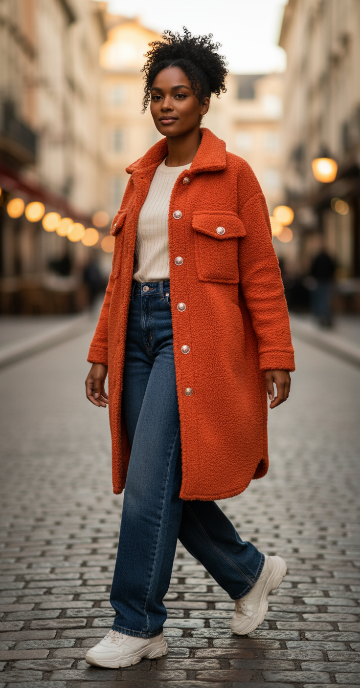 Modell i orange teddyjacka - gående