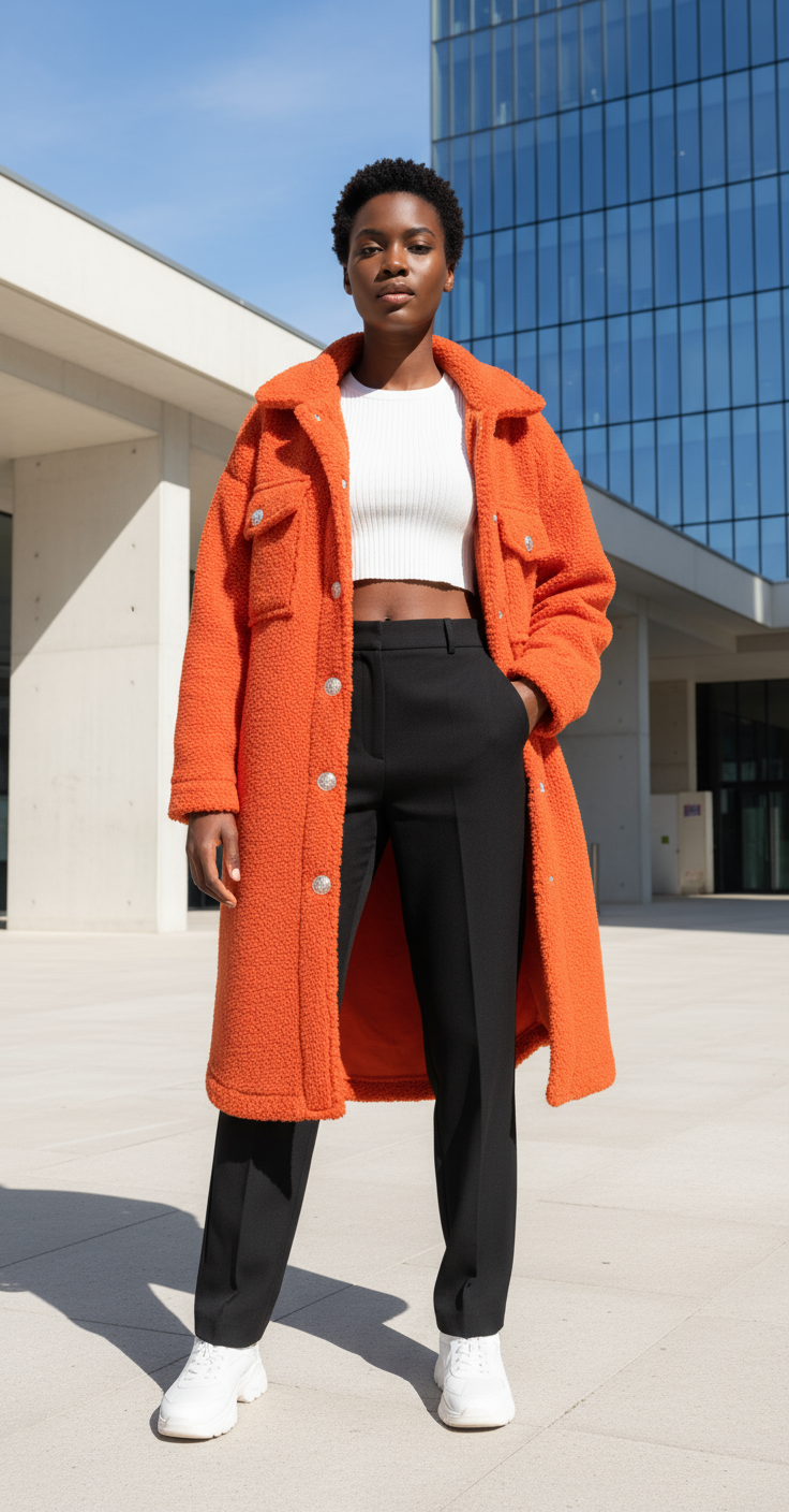 Modell i orange teddyjacka - helbild