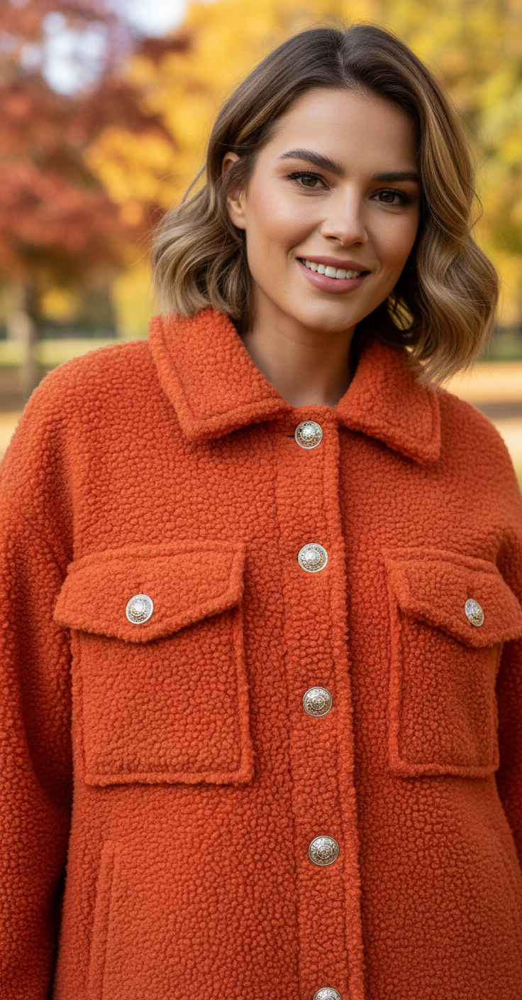 Modell i orange teddyjacka - närbild