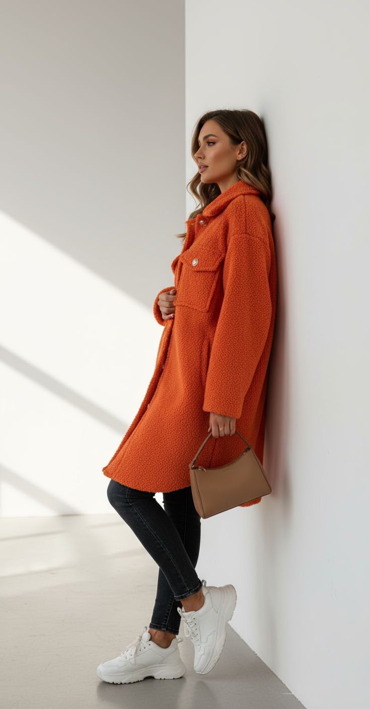 Modell i orange teddyjacka - sidovy