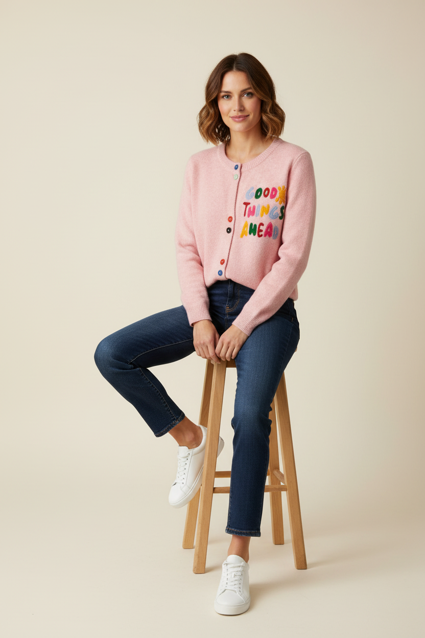 Modell i rosa cardigan studio