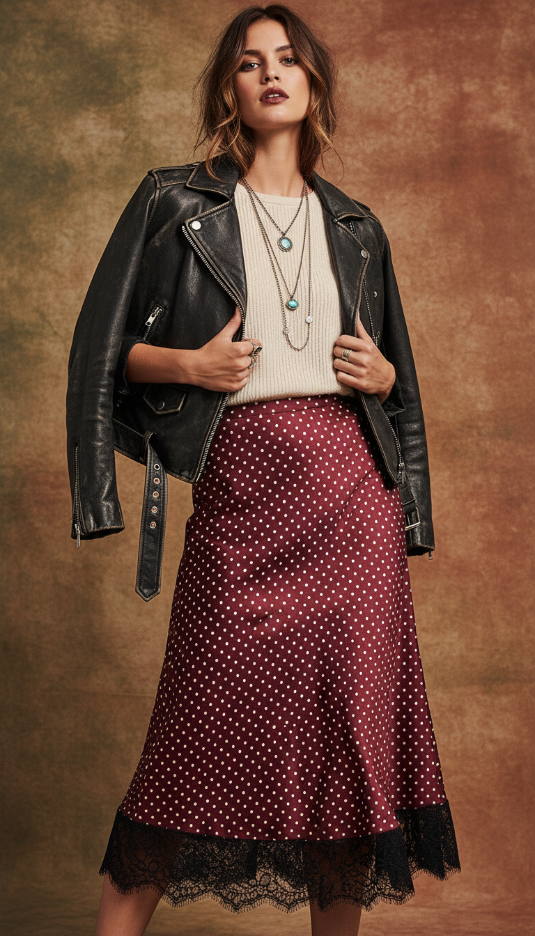 Modell med vinröd kjol och svart skinnjacka