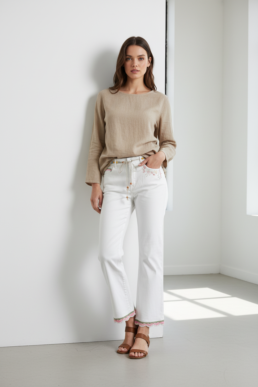 Modellbild av vita broderade jeans