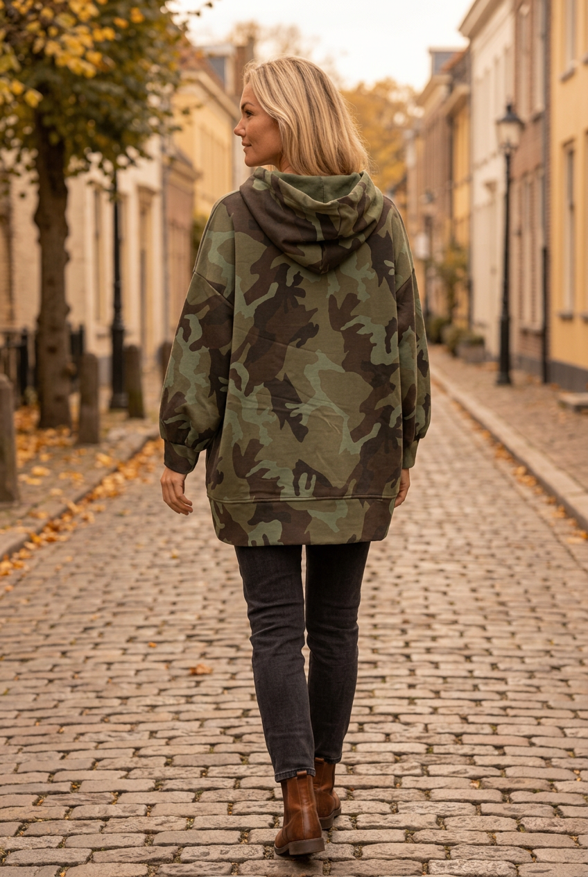 Modellbild bakifrån med kamouflagehoodie