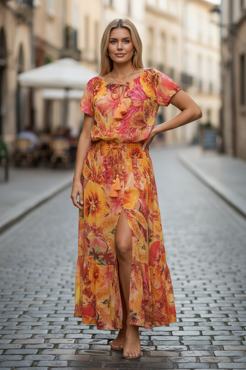 Modellbild – bred resår, diskreta knappar och tassels