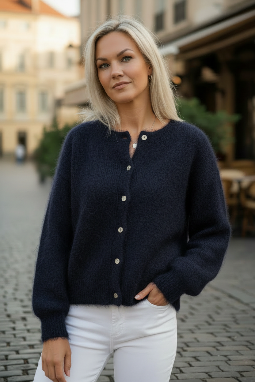 Modellbild kofta mohair raka ärmar