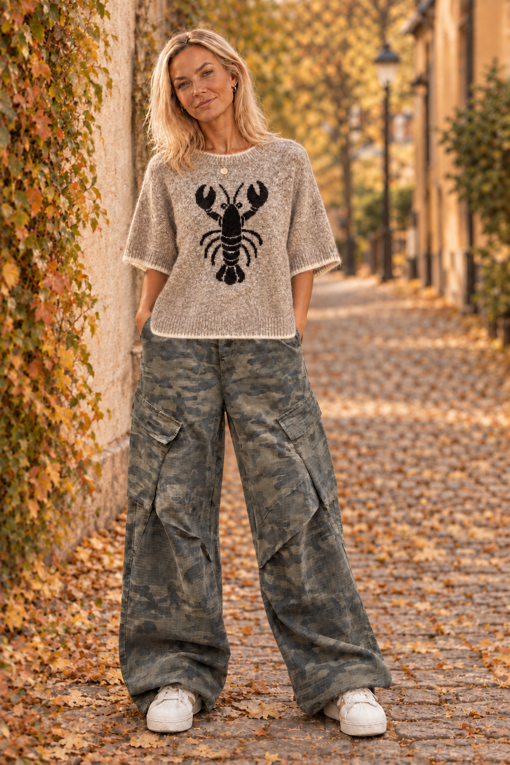 Modellbild med hummertröjan helt utanpå byxorna