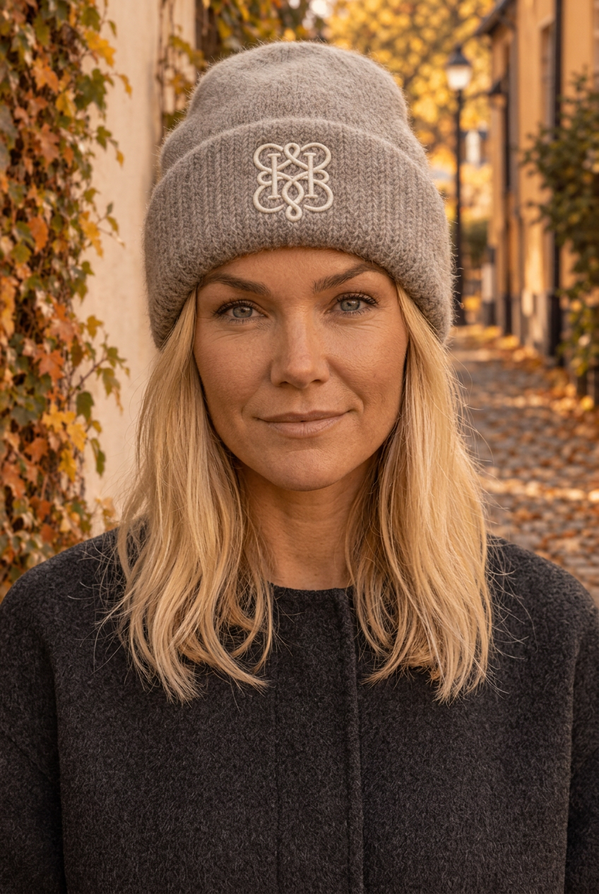 Modellbild med taupefärgad mössa i höstmiljö