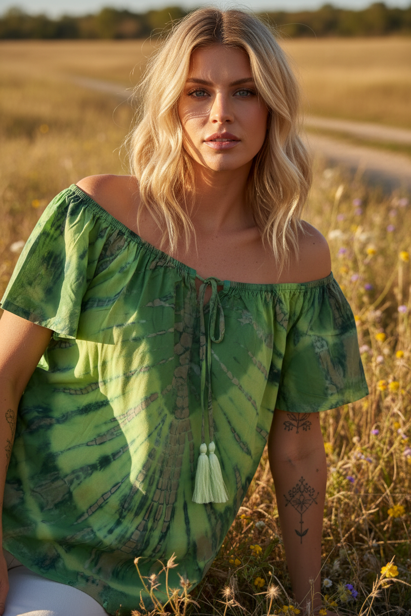 Modellbild på grön tie-dye topp