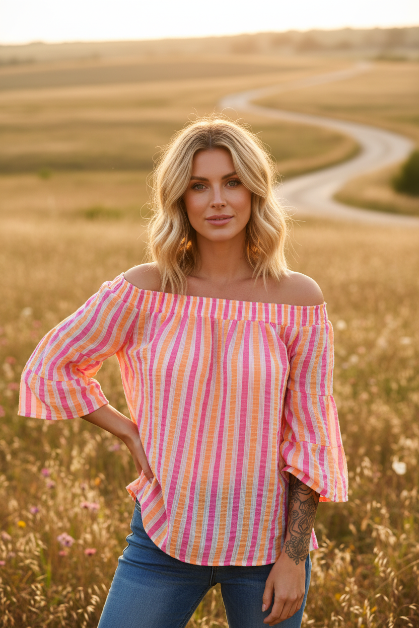 Modellbild randig off-shoulder topp