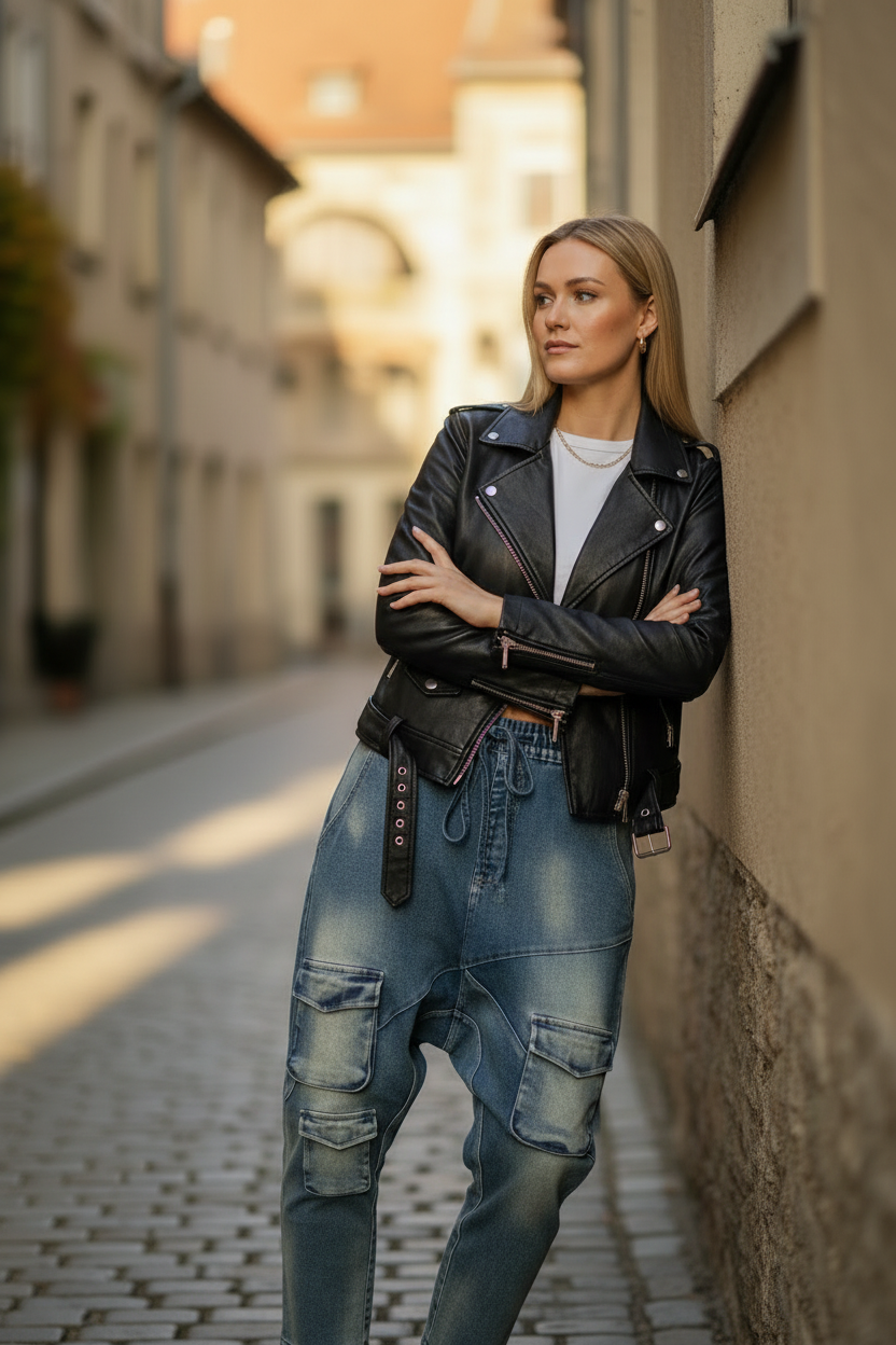 Modellbild – Väggpose läderjacka