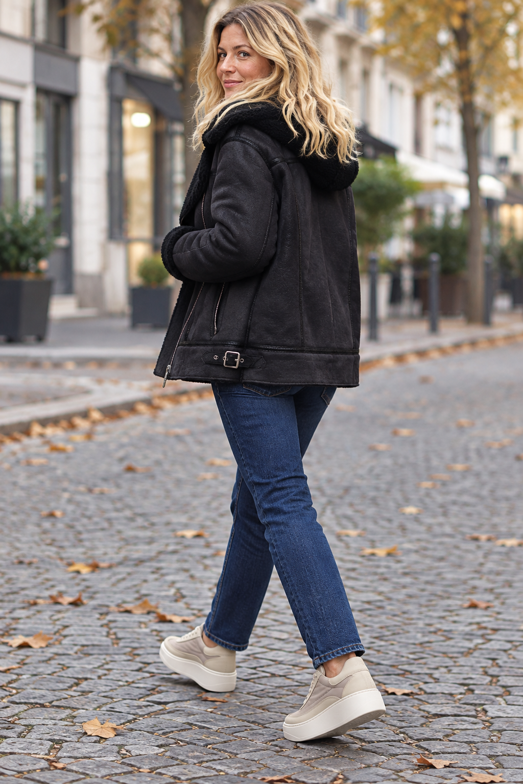 Modellen går bort från kameran i höstmiljö