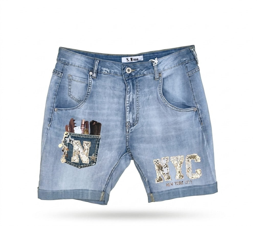 New York Denim Shorts med Paljetter