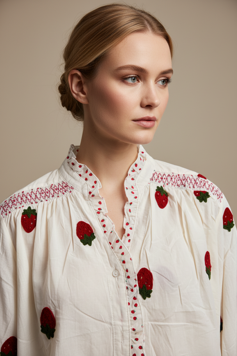 Närbild jordgubbsblus