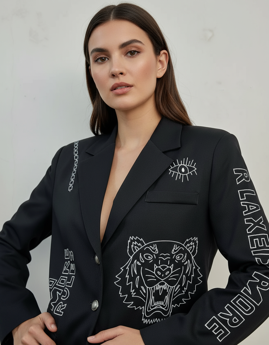 Närbild modell med grafisk blazer