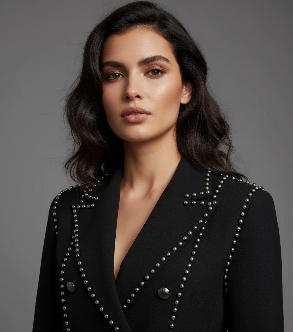 Närbild modell med svart nitad kavaj