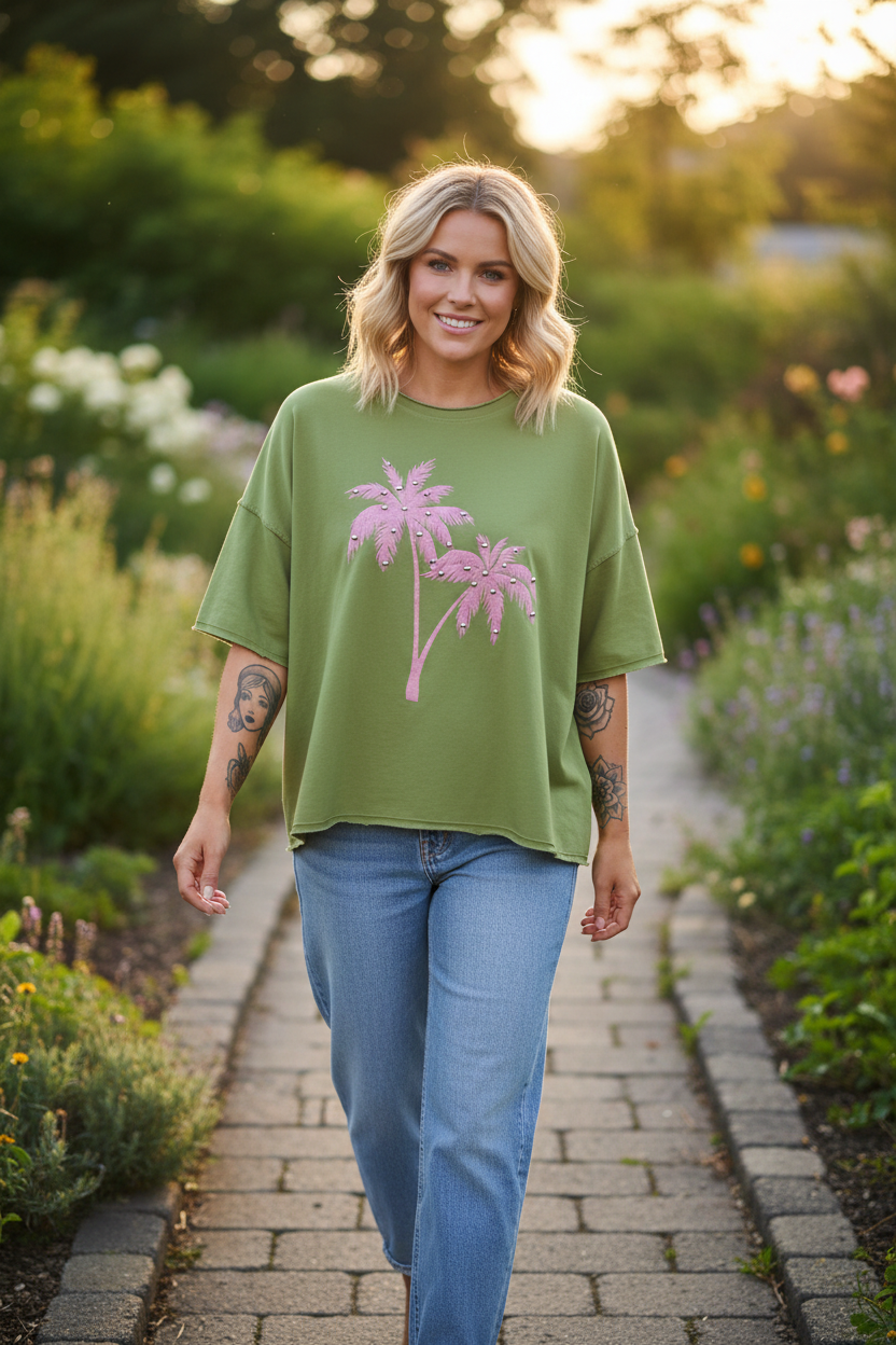 Olive Green Palm Tree Sweatshirt Model Path