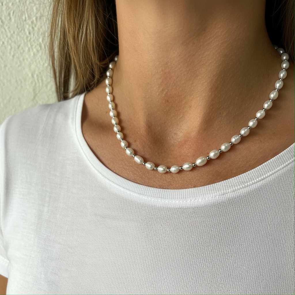 Pärlhalsband på hals