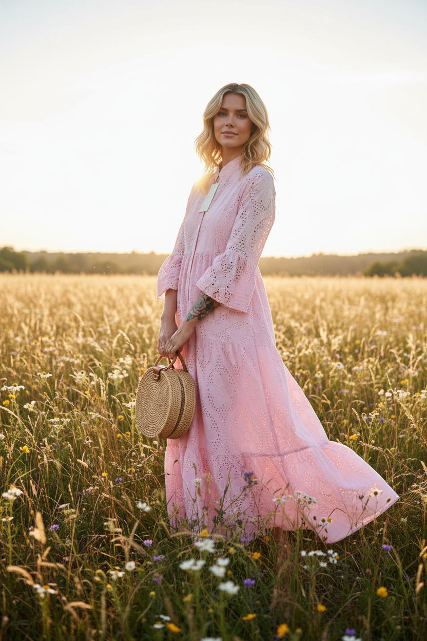 Pale Pink Broderie Anglaise Dress Meadow Backlit Premium