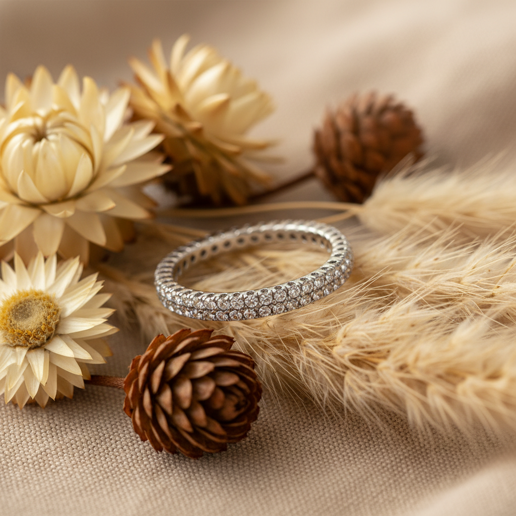 Pavé ring med blommor och linne