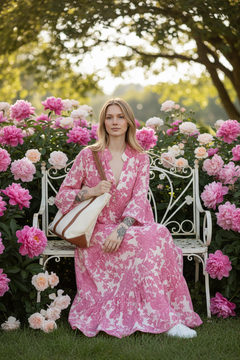 Pink Floral Maxi Dress Garden Bench