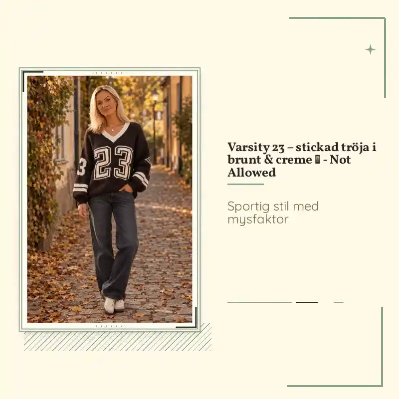 Varsity 23 &ndash; stickad tr&ouml;ja i brunt &amp; creme 🤎 - Not Allowed by@Outfy
