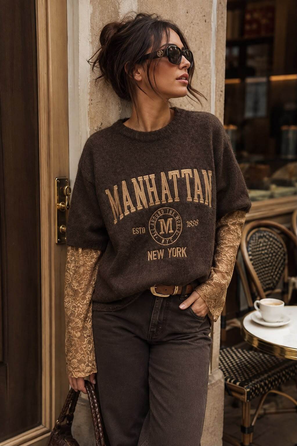 Manhattan Stickad Tröja i Brun – Oversized med Manhattan-tryck | BohoBeauty