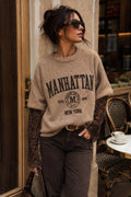 Manhattan Stickad Tröja Taupe – Oversized med Manhattan-tryck | BohoBeauty