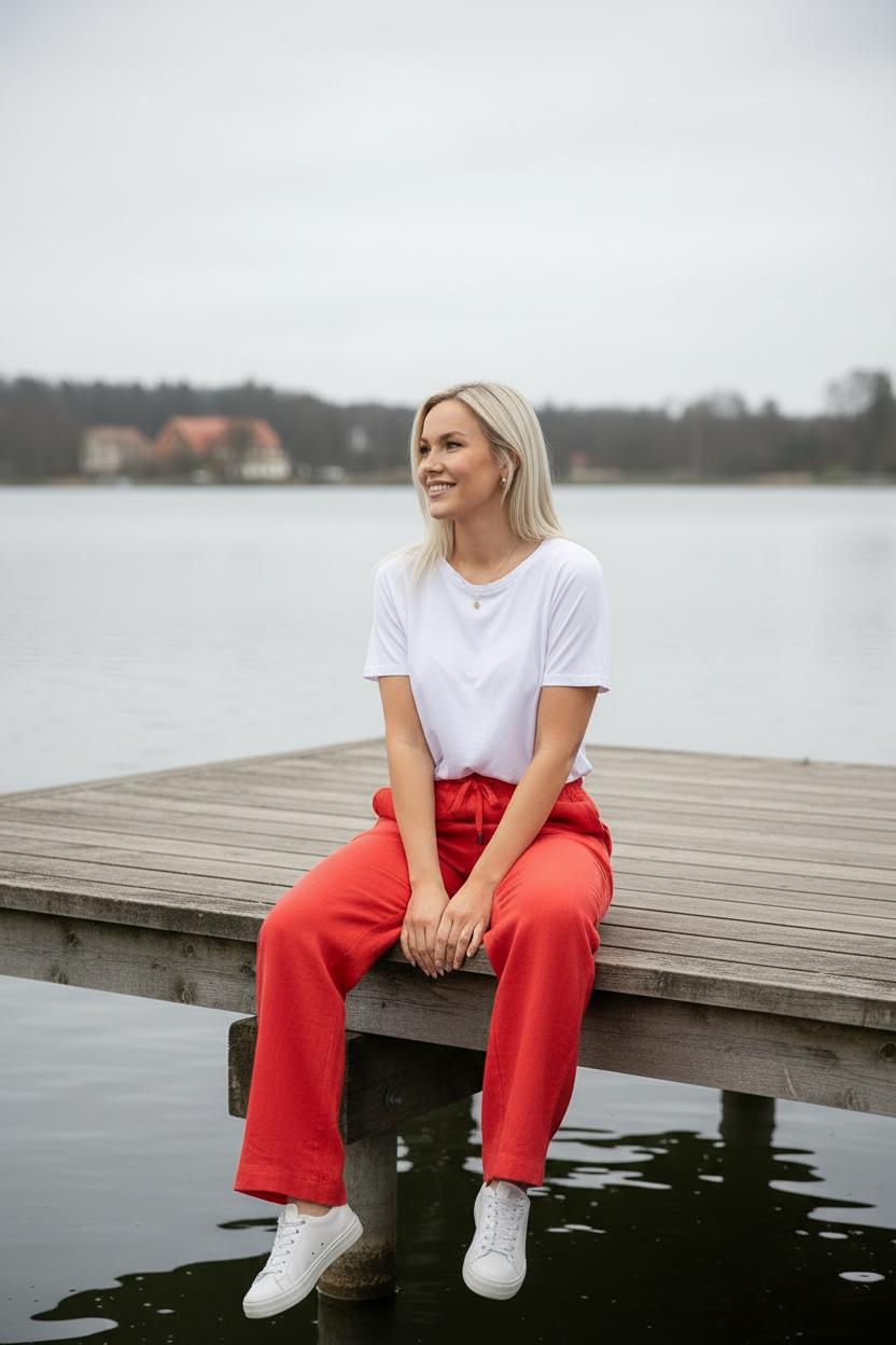 Röda byxor – sitter på bryggan