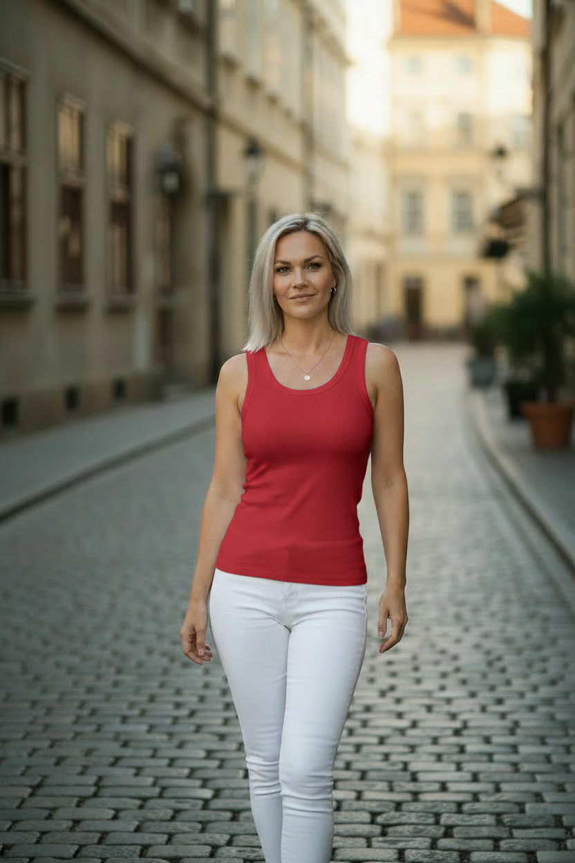 Rött linne modell gående