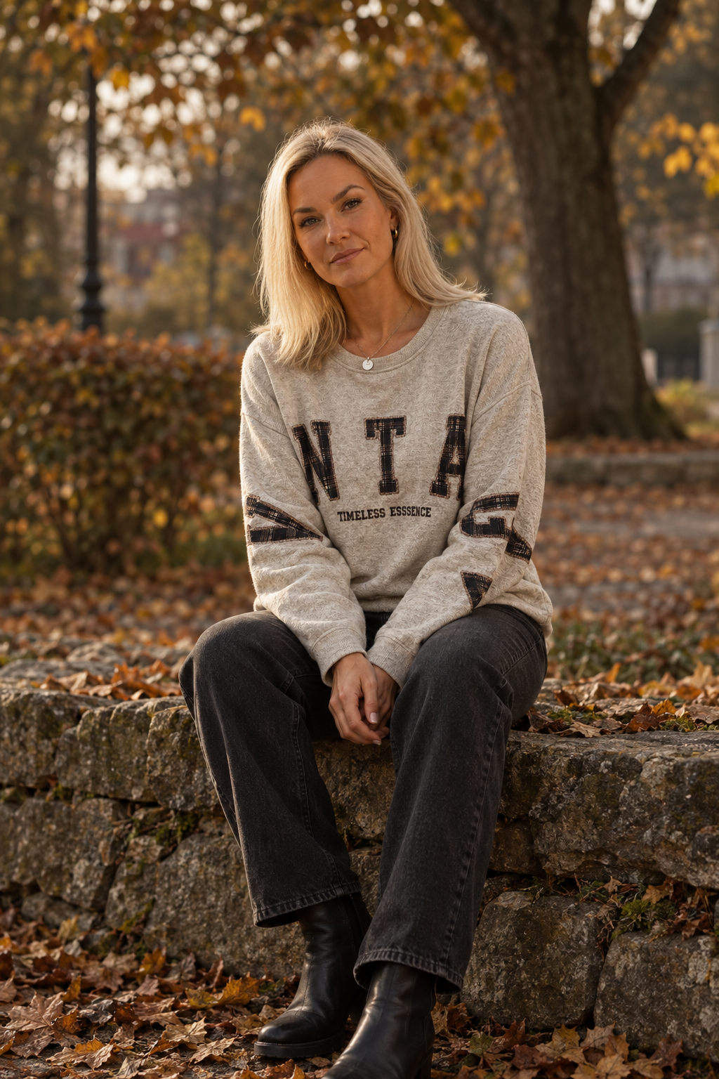 Referensmodellen i Stardust sweatshirt, sittande i höstmiljö