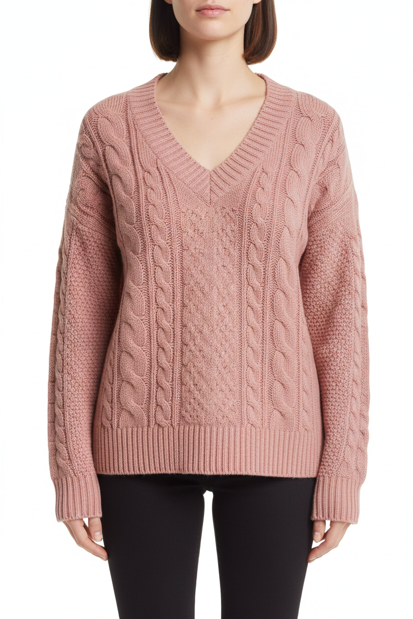 Rosa stickad tröja - studio närbild