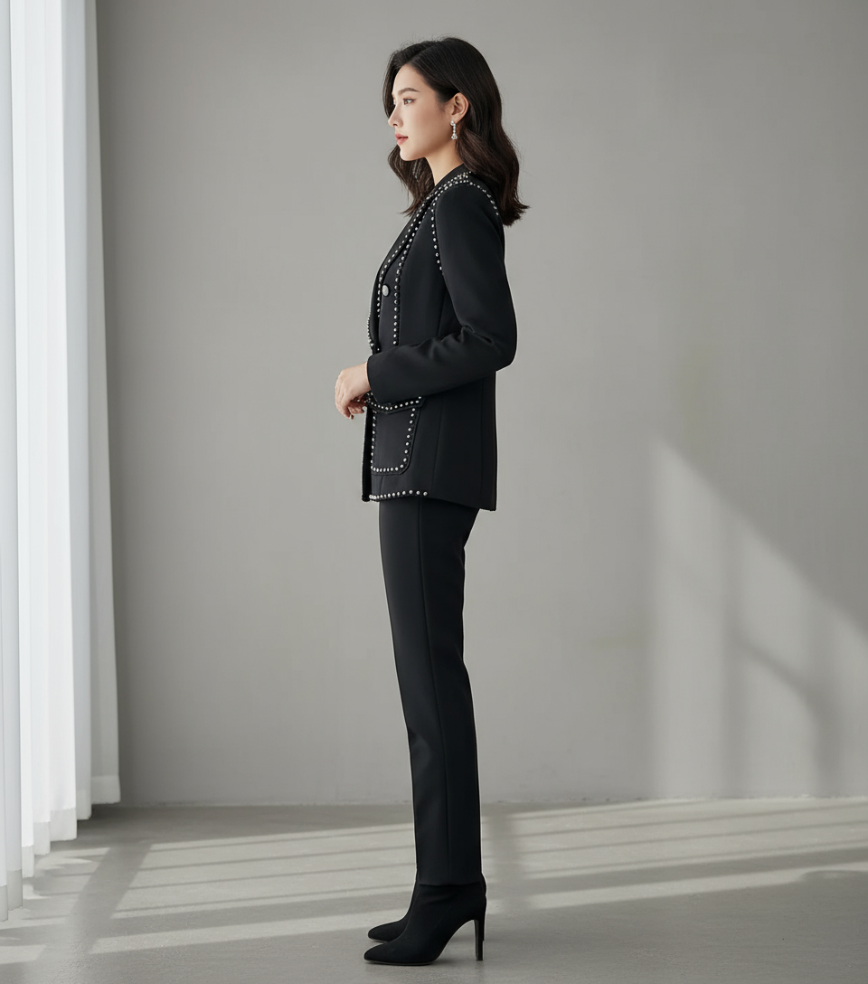 Sidoprofil modell med svart nitad kavaj