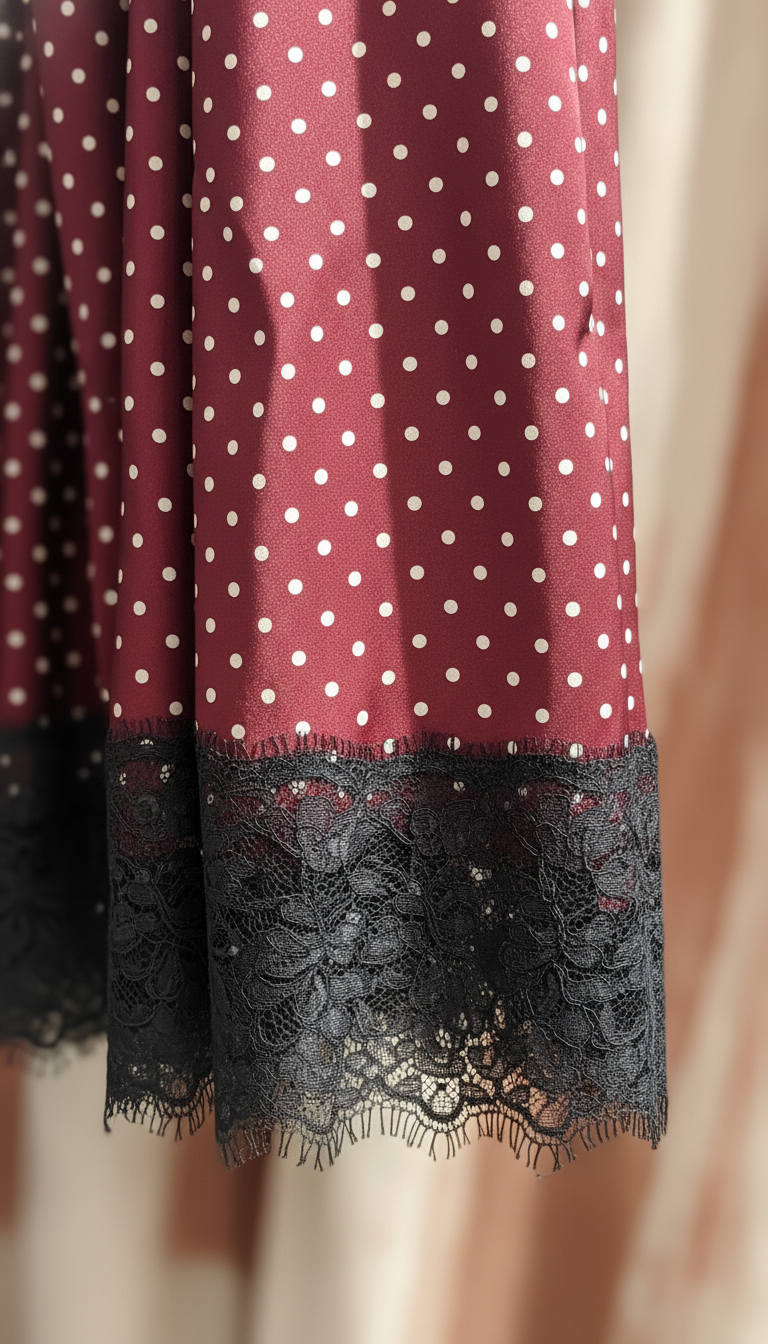 Vinröd prickig kjol - Detalj