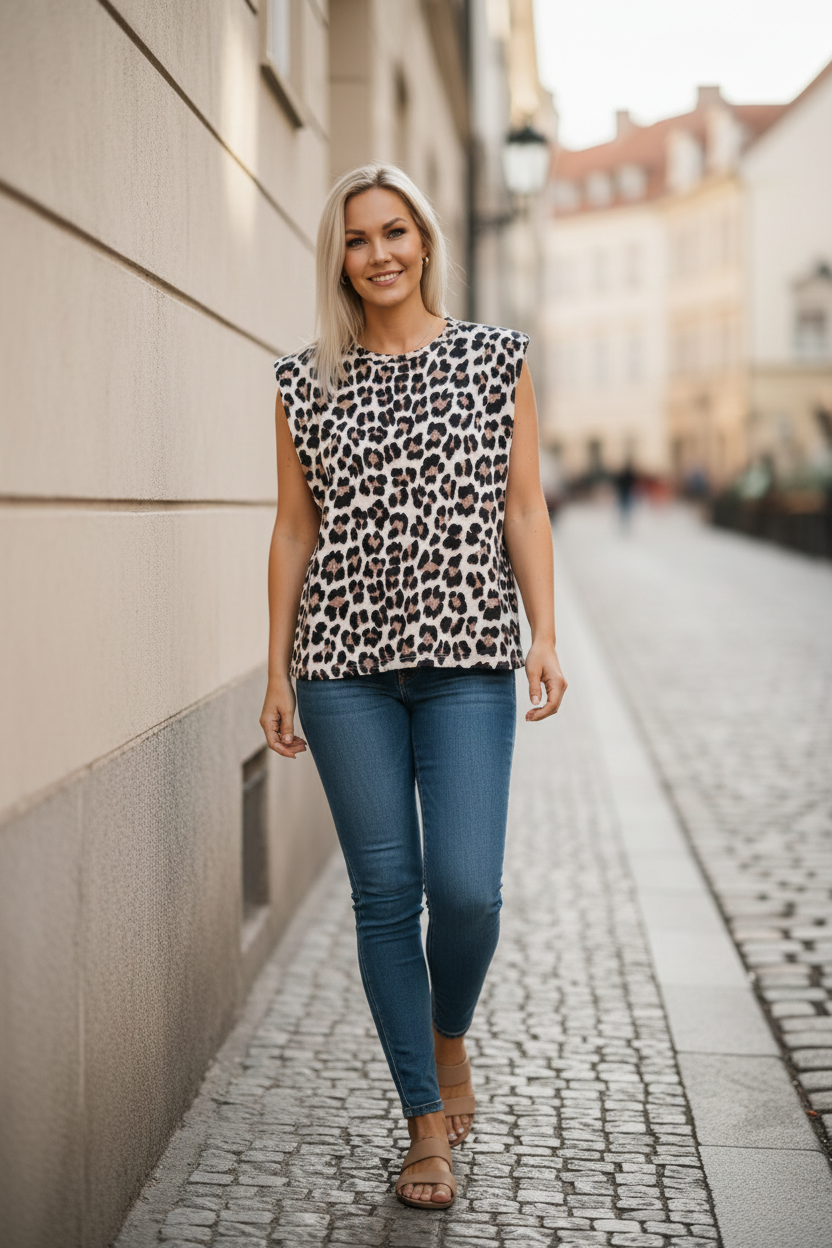Vit leopardtopp blå jeans